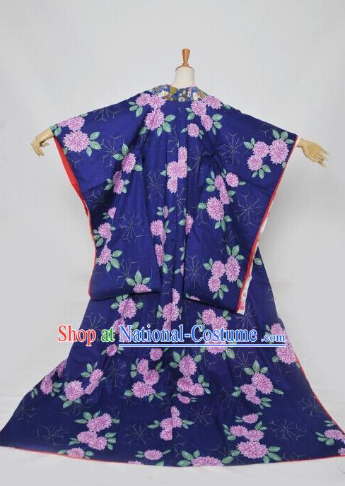 Custom Japan Courtesan Garment Costume Japanese Geisha Furisode Clothing Cosplay Queen Printing Chrysanthemum Blue Kimono Dress