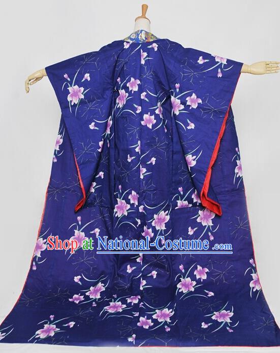 Custom Japan Cosplay Queen Printing Flowers Blue Kimono Dress Courtesan Garment Costume Japanese Geisha Furisode Clothing