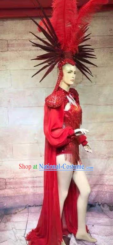 Custom Stage Show Red Feather Hair Accessories Catwalks Luxury Headdress Halloween Performance Hat