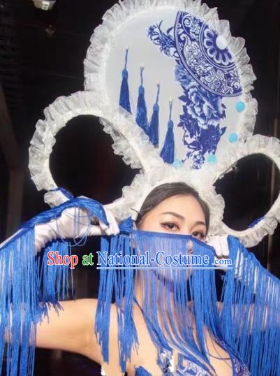 Custom China Stage Performance Embroidered Hair Crown Stage Show Giant Hair Accessories Catwalks Luxury White Tassel Headdress