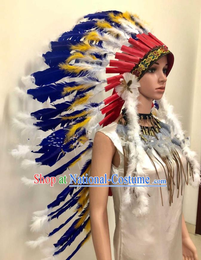 Top Stage Show Giant Hat Halloween Cosplay Indian Tribal Chief Hair Accessories Catwalks Blue Feather Headdress