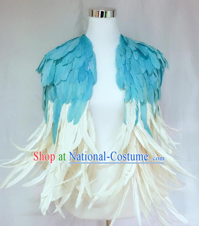 Top Cosplay Queen Cape Stage Show Shoulder Accessories Halloween Catwalks Blue Feather Cappa