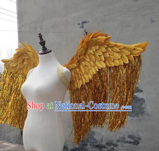 Custom Cosplay Angel Golden Feather Wings Halloween Fancy Ball Tassel Props Carnival Catwalks Show Accessories Miami Parade Decorations