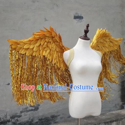 Custom Cosplay Angel Golden Feather Wings Halloween Fancy Ball Tassel Props Carnival Catwalks Show Accessories Miami Parade Decorations