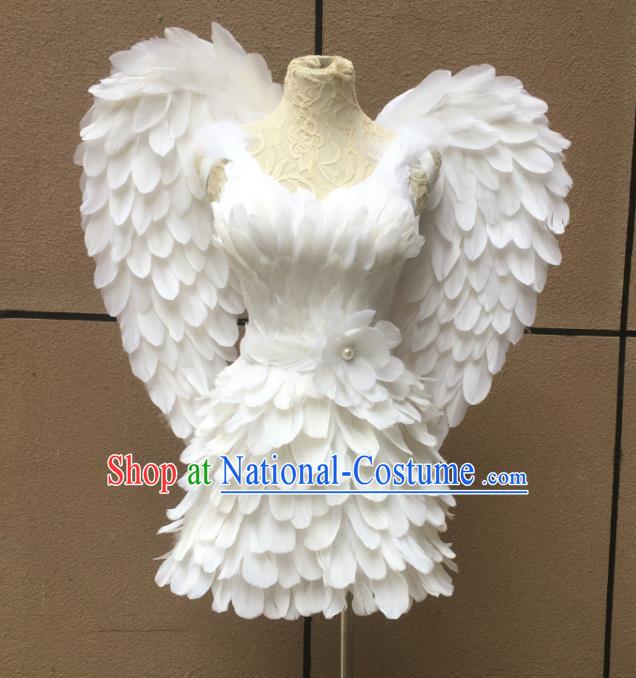 Top Miami Catwalks White Feather Dress with Wings Stage Show Costumes Samba Dance Clothing Brazilian Carnival Garments