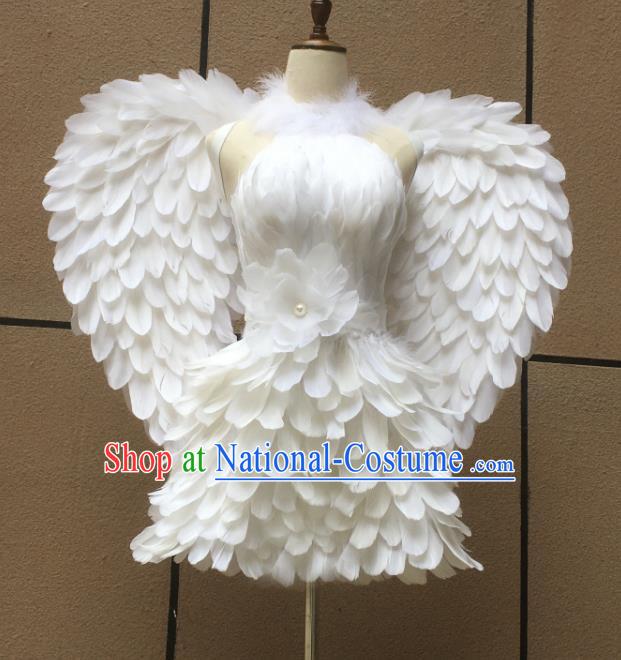 Top Brazilian Carnival Garments Miami Catwalks White Feather Dress with Wings Stage Show Costumes Samba Dance Clothing