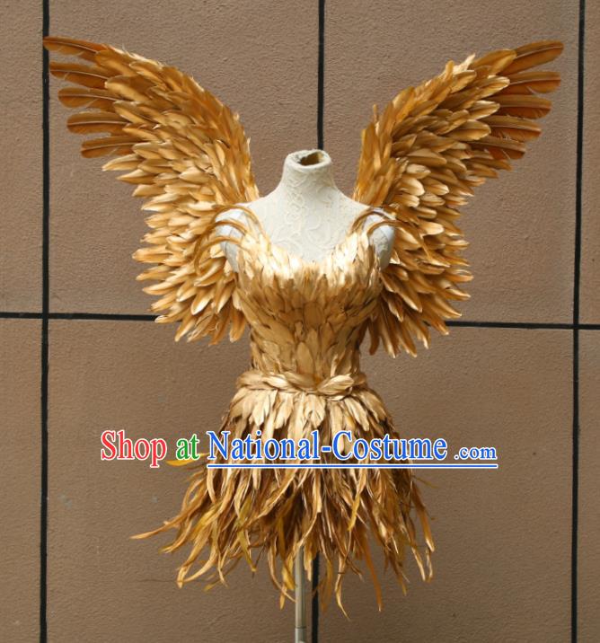 Top Stage Show Costumes Samba Dance Clothing Brazilian Carnival Garments Miami Catwalks Golden Feather Dress with Wings