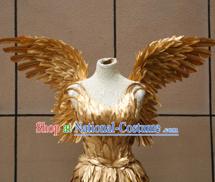 Top Stage Show Costumes Samba Dance Clothing Brazilian Carnival Garments Miami Catwalks Golden Feather Dress with Wings