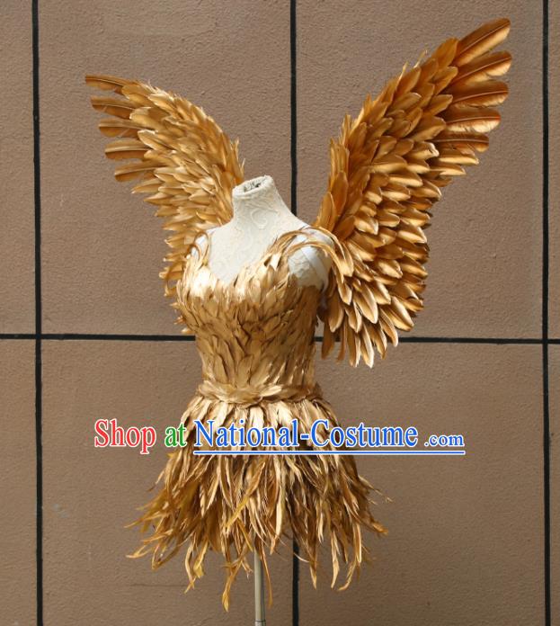 Top Stage Show Costumes Samba Dance Clothing Brazilian Carnival Garments Miami Catwalks Golden Feather Dress with Wings