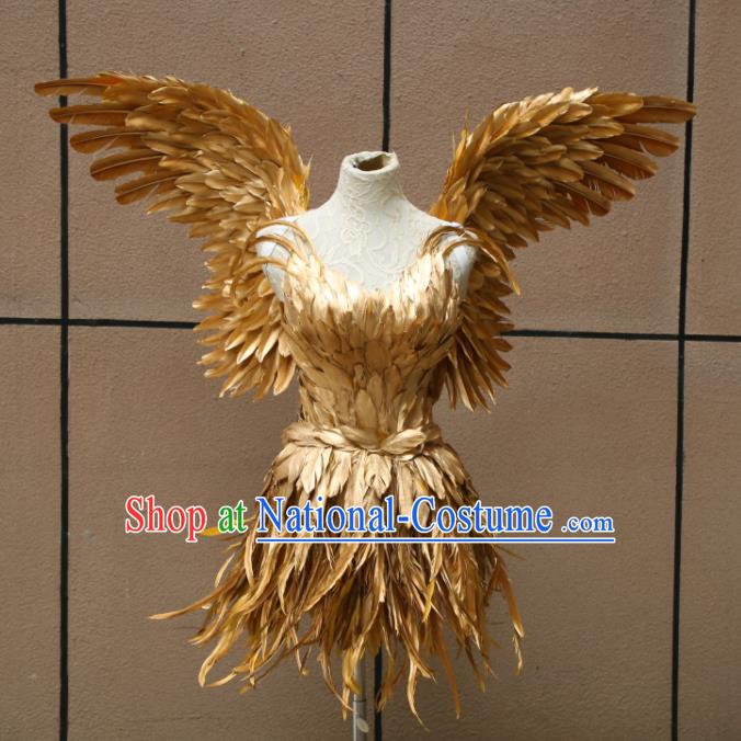 Top Stage Show Costumes Samba Dance Clothing Brazilian Carnival Garments Miami Catwalks Golden Feather Dress with Wings