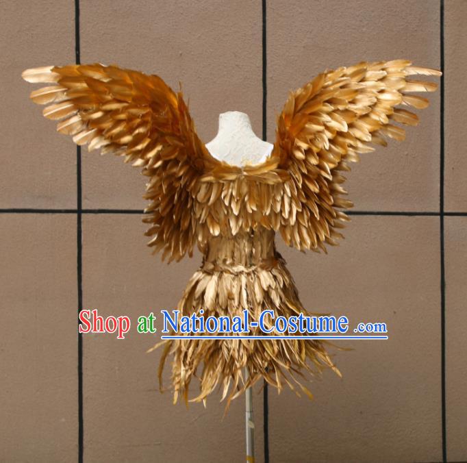 Top Stage Show Costumes Samba Dance Clothing Brazilian Carnival Garments Miami Catwalks Golden Feather Dress with Wings