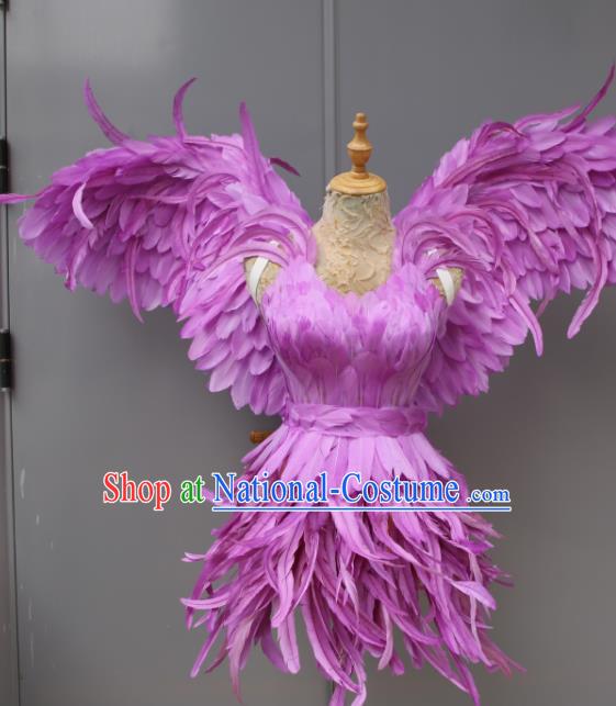 Top Miami Catwalks Costumes Stage Show Clothing Brazilian Carnival Garments Samba Dance Purple Feather Dress with Wings