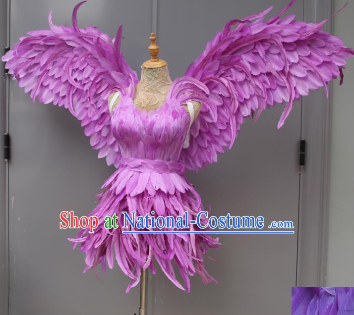 Top Miami Catwalks Costumes Stage Show Clothing Brazilian Carnival Garments Samba Dance Purple Feather Dress with Wings