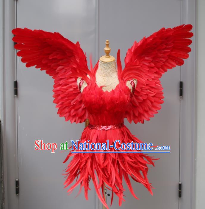 Top Samba Dance Red Feather Dress with Wings Miami Catwalks Costumes Stage Show Clothing Brazilian Carnival Garments