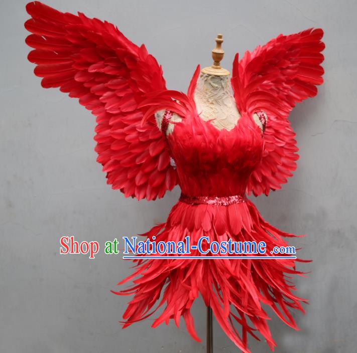 Top Samba Dance Red Feather Dress with Wings Miami Catwalks Costumes Stage Show Clothing Brazilian Carnival Garments