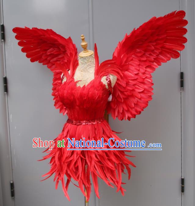 Top Samba Dance Red Feather Dress with Wings Miami Catwalks Costumes Stage Show Clothing Brazilian Carnival Garments