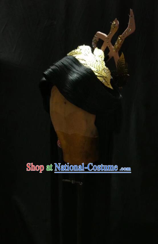 Chinese Ancient Heroine Hairpieces Cosplay Fairy Hair Accessories Traditional Puppet Show Princess Han Yancui Black Wigs and Hair Crown