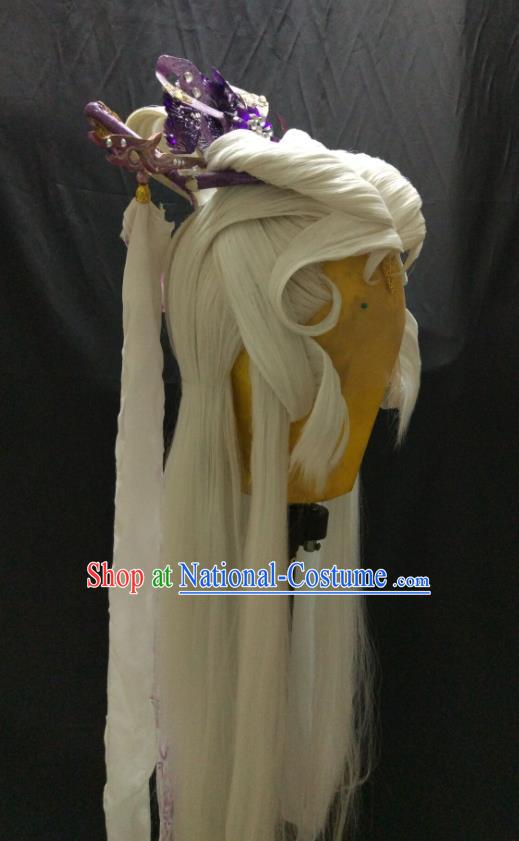 Chinese Traditional Puppet Show Goddess White Wigs and Hair Crown Ancient Imperial Concubine Hairpieces Cosplay Swordswoman Hair Accessories