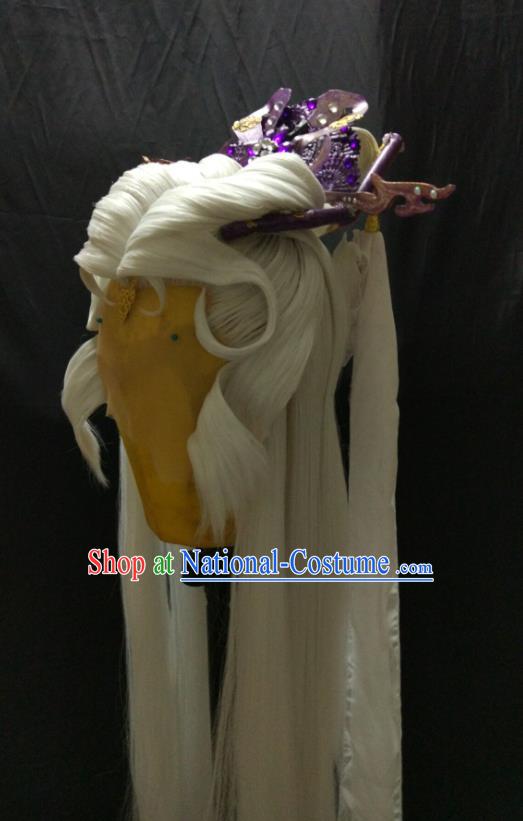 Chinese Traditional Puppet Show Goddess White Wigs and Hair Crown Ancient Imperial Concubine Hairpieces Cosplay Swordswoman Hair Accessories