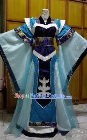 Chinese Ancient Emperor Blue Robe Uniforms Traditional Cosplay Swordsman Clothing Puppet Show Wen King Garment Costumes