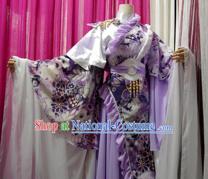 China Traditional Puppet Show Princess Feng Die Garment Costumes Ancient Swordswoman Clothing Cosplay Fairy Purple Dress Outfits