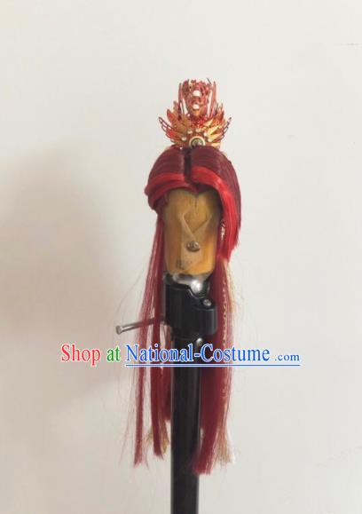 Handmade China Cosplay Swordsman Red Wigs and Hair Crown Traditional Puppet Show Royal Prince Headdress Ancient Young Childe Hairpieces