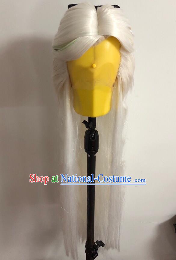 Chinese Traditional Puppet Show Murong Yanyu Hairpieces Cosplay Swordswoman White Wigs and Hairpins Ancient Fairy Princess Headdress