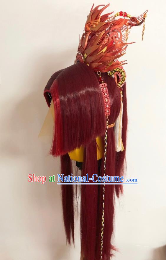 Handmade China Ancient Knight Hairpieces Cosplay Swordsman Red Wigs and Hair Accessories Traditional Puppet Show King Headdress