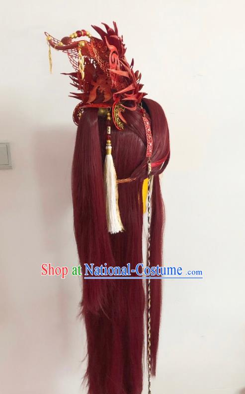 Handmade China Ancient Knight Hairpieces Cosplay Swordsman Red Wigs and Hair Accessories Traditional Puppet Show King Headdress