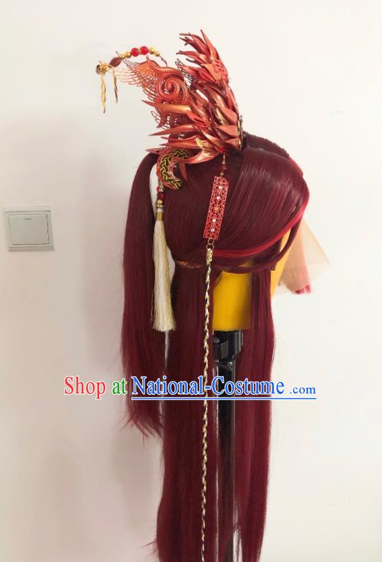 Handmade China Ancient Knight Hairpieces Cosplay Swordsman Red Wigs and Hair Accessories Traditional Puppet Show King Headdress