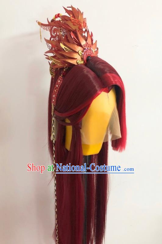 Handmade China Ancient Knight Hairpieces Cosplay Swordsman Red Wigs and Hair Accessories Traditional Puppet Show King Headdress