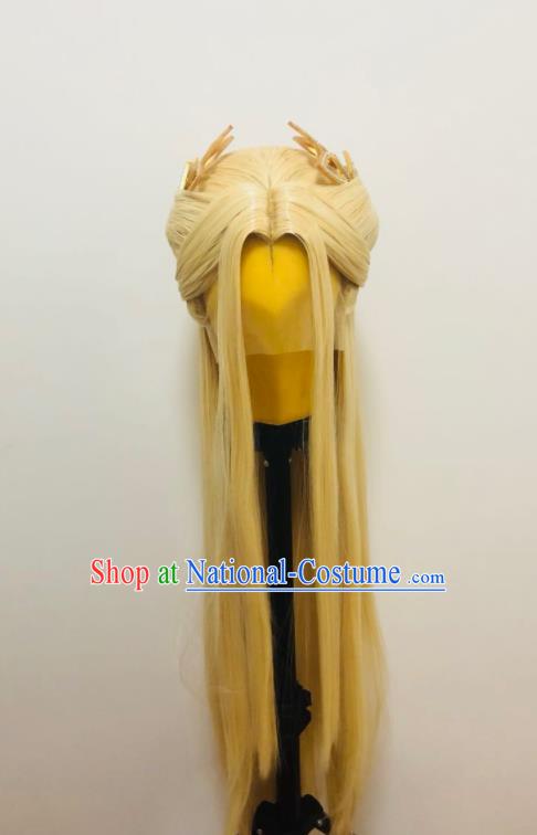 Chinese Traditional Puppet Show Hair Accessories Cosplay Moon Goddess Golden Wigs and Hair Crown Hairpieces Ancient Swordswoman Headdress