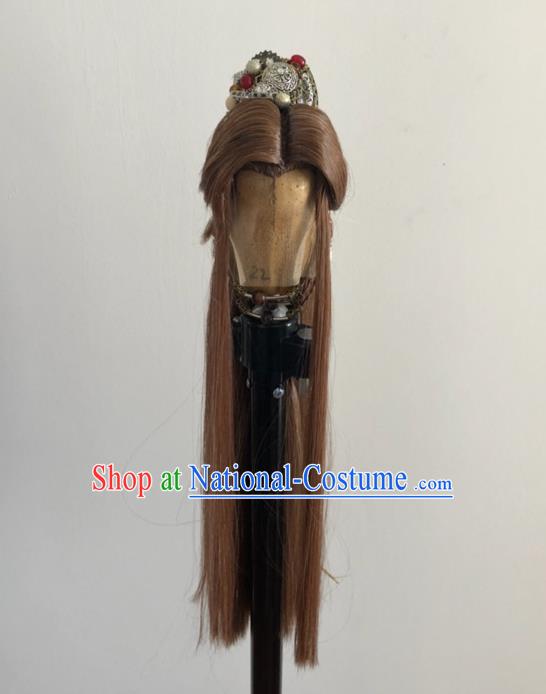 Handmade China Traditional Puppet Show Feng Xiaoyao Headdress Ancient Swordsman Hairpieces Cosplay Chivalrous Male Brown Wigs and Hair Crown