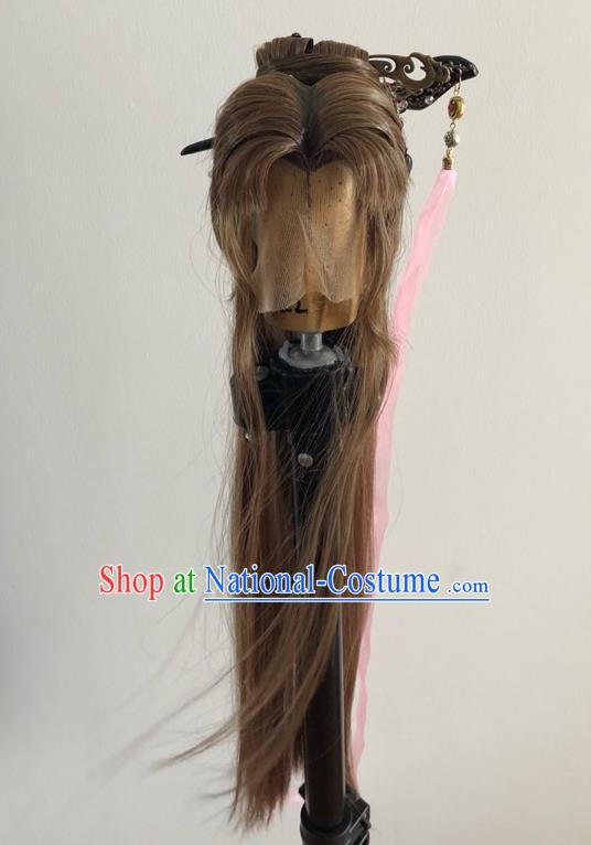 Chinese Traditional Puppet Show Han Yancui Hair Accessories Cosplay Swordswoman Brown Wigs and Hairpins Hairpieces Ancient Taoist Nun Headdress