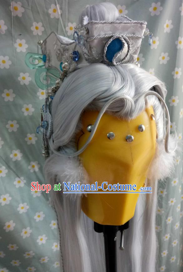 Handmade China Traditional Puppet Show Yuan Wuxiang Hairpieces Ancient Swordsman Headdress Cosplay Escort Knight Gray Wigs and Hair Crown