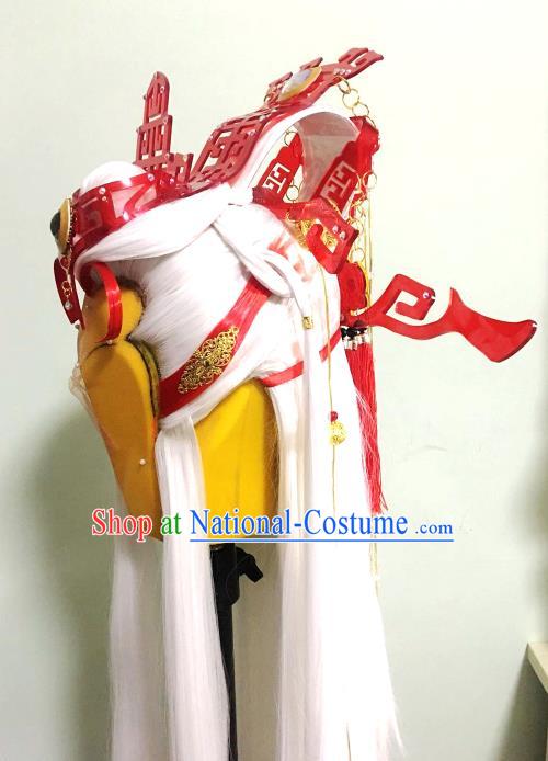 Handmade China Traditional Puppet Show Taoist Priest Hairpieces Ancient Swordsman Headdress Cosplay Chivalrous Male White Wigs and Hair Crown