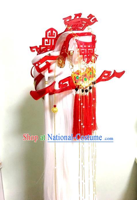 Handmade China Traditional Puppet Show Taoist Priest Hairpieces Ancient Swordsman Headdress Cosplay Chivalrous Male White Wigs and Hair Crown