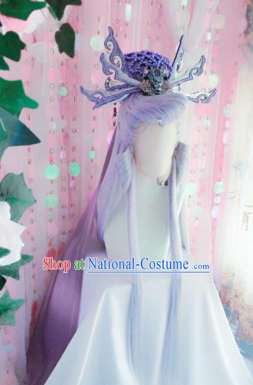 Handmade China Cosplay Dragon King Lilac Wigs and Hair Crown Traditional Puppet Show Young Childe Hairpieces Ancient Swordsman Headdress