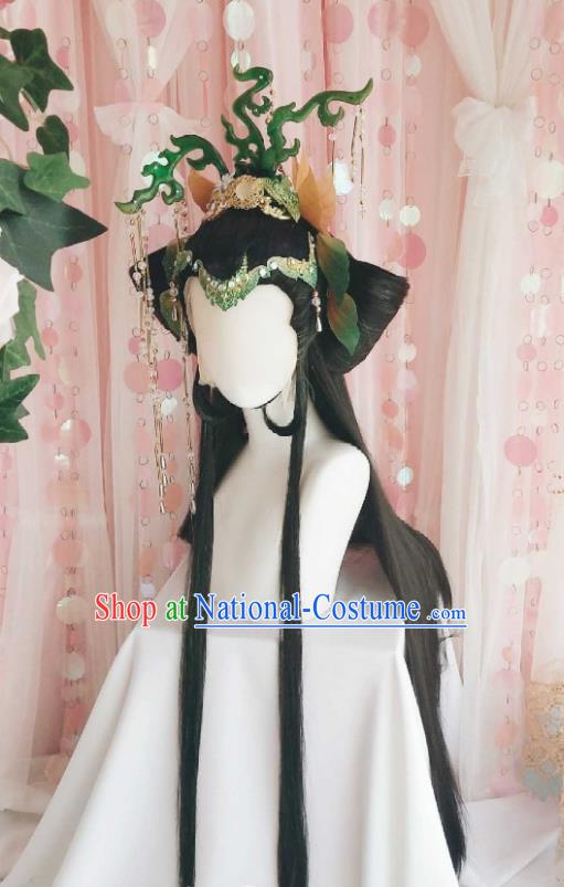 Chinese Cosplay Goddess Queen Hair Accessories Ancient Empress Wigs and Hair Crown Headwear Traditional Puppet Show Swordswoman Hairpieces