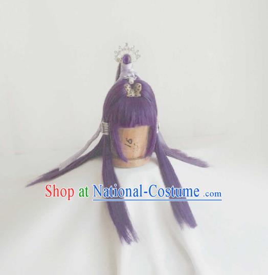 Chinese Traditional Puppet Show Feng Die Hairpieces Cosplay Magic Princess Hair Accessories Ancient Fairy Purple Wigs Headwear