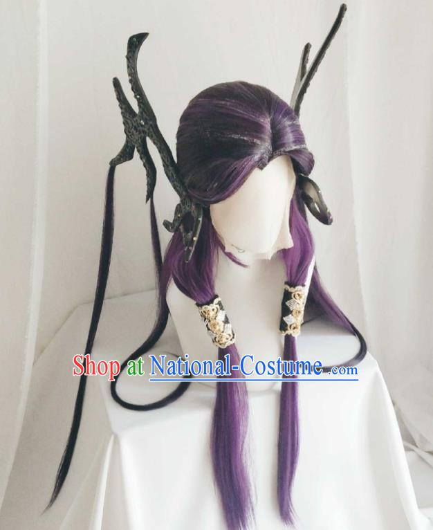 Chinese Ancient Fairy Princess Purple Wigs Headwear Traditional Puppet Show Swordswoman Hairpieces Cosplay Dragon Girl Hair Accessories