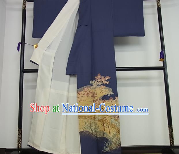 Japan Male Garment Costume Traditional Tsukesage Kimono Clothing Classical Maple Leaf Pattern Blue Yukata Robe