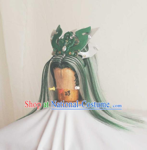 Handmade China Traditional Puppet Show Prince Hairpieces Ancient Royal King Headdress Cosplay Swordsman Green Wigs and Hair Crown