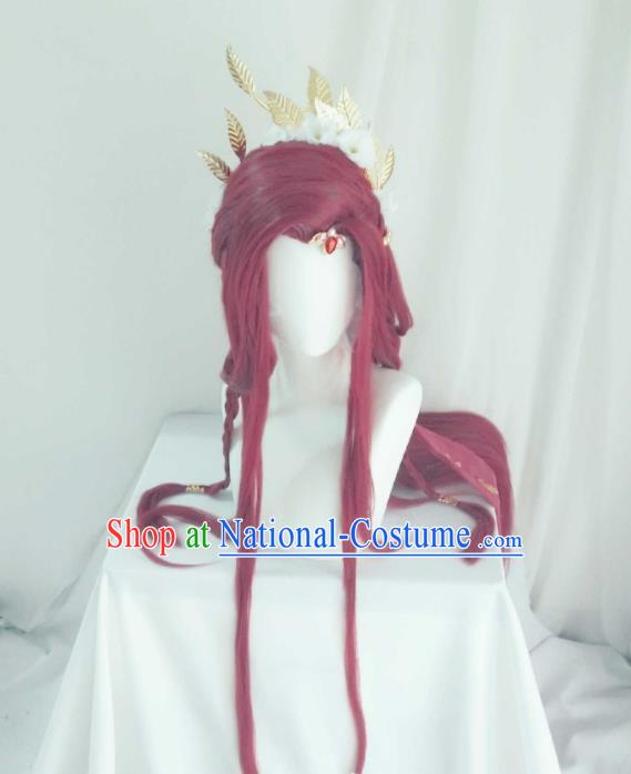 Chinese Cosplay Swordswoman Hair Accessories Ancient Queen Red Wigs and Hair Crown Headwear Traditional Puppet Show Fairy Hairpieces