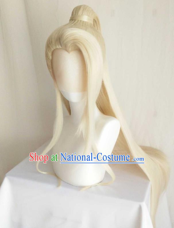 Handmade China Traditional Tang Dynasty Prince Hairpieces Ancient Childe Headdress Cosplay Swordsman Golden Wigs