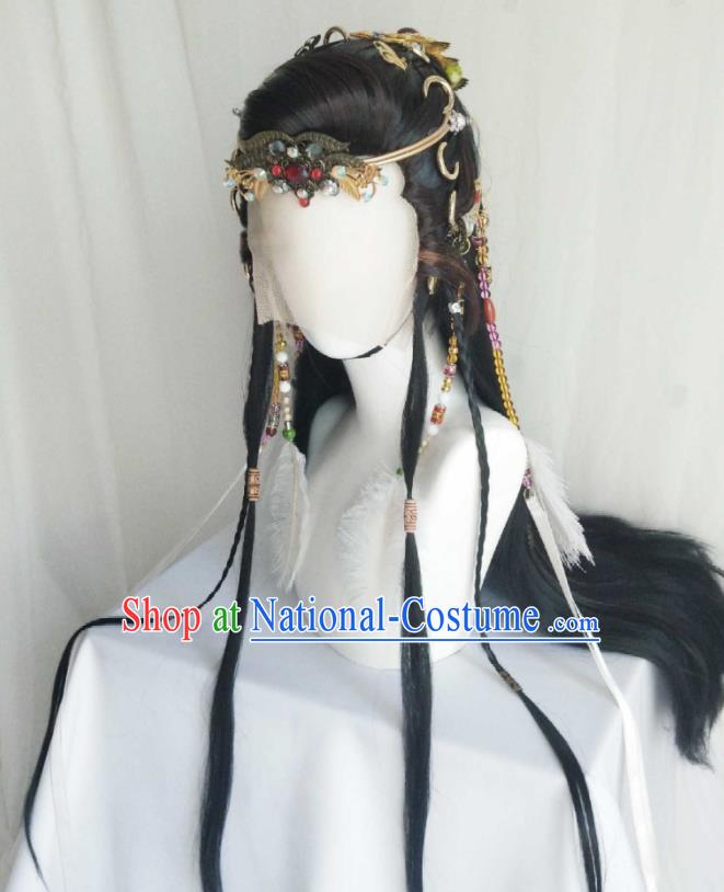 Handmade China Ancient Royal Prince Headdress Cosplay Noble King Black Wigs and Hair Crown Traditional Puppet Show Swordsman Hairpieces