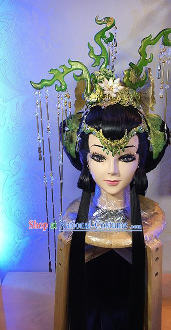 Chinese Ancient Queen Black Wigs and Hair Crown Headwear Traditional Puppet Show Hong Chenxue Hairpieces Cosplay Goddess Hair Accessories