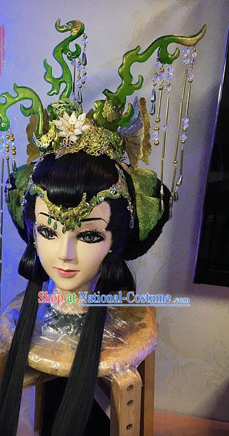 Chinese Ancient Queen Black Wigs and Hair Crown Headwear Traditional Puppet Show Hong Chenxue Hairpieces Cosplay Goddess Hair Accessories