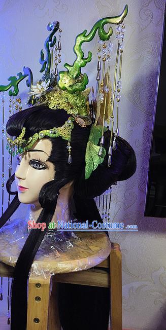 Chinese Ancient Queen Black Wigs and Hair Crown Headwear Traditional Puppet Show Hong Chenxue Hairpieces Cosplay Goddess Hair Accessories