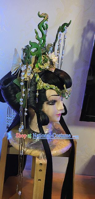 Chinese Ancient Queen Black Wigs and Hair Crown Headwear Traditional Puppet Show Hong Chenxue Hairpieces Cosplay Goddess Hair Accessories